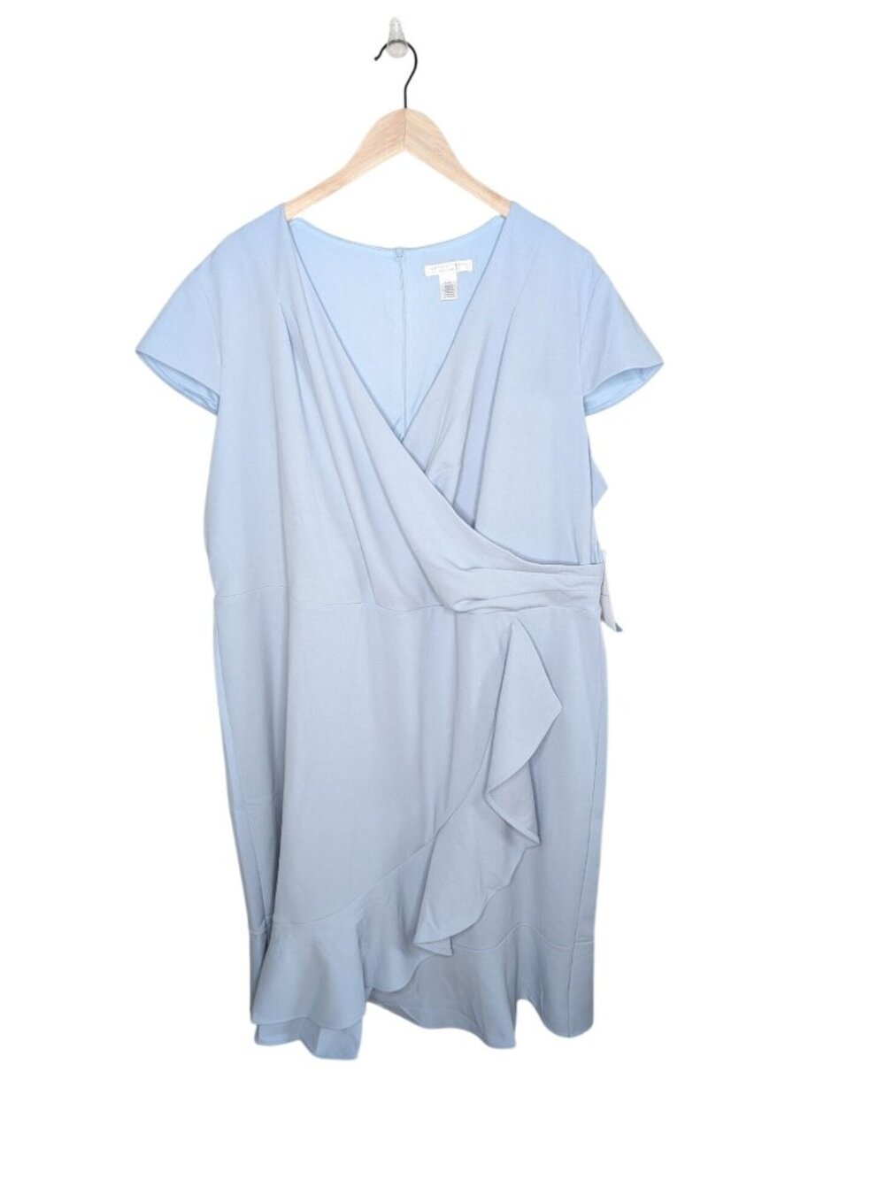 London Times Plus Size Light Blue Cascade Ruffle Faux-Wrap Dress Size 22